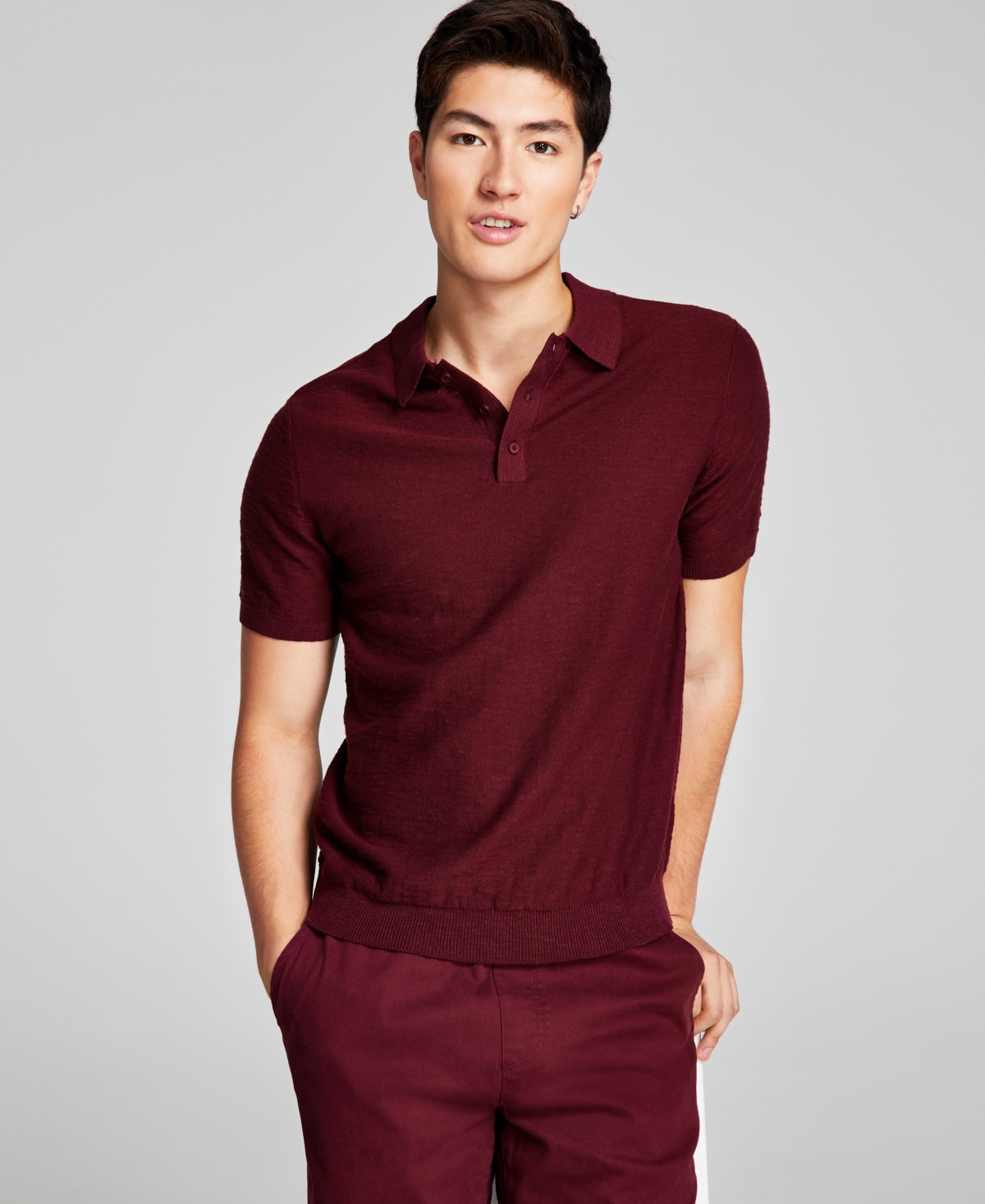 And Now This Men's Solid Knit Short-sleeve Sweater Polo Shirt In Maroon ...