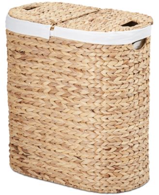 Hand-Woven Natural Wicker  Lidded Double Laundry Hamper