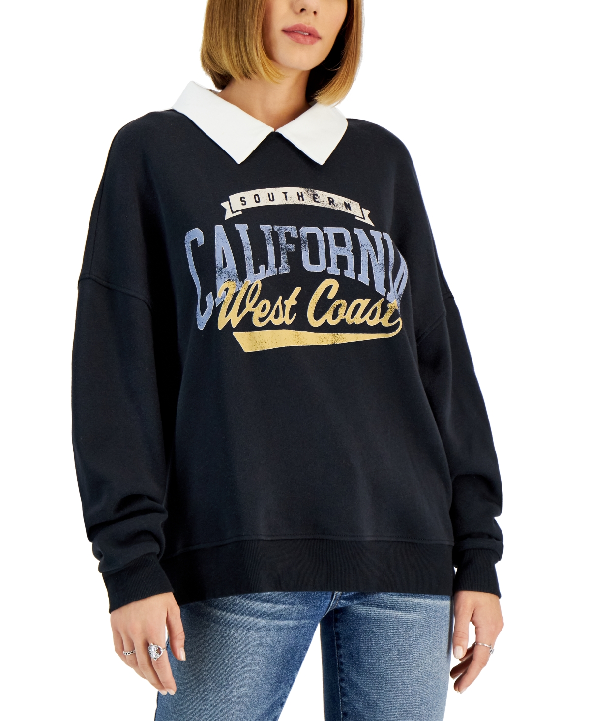Grayson Threads Black Juniors' Collared Graphic-Print Sweatshirt