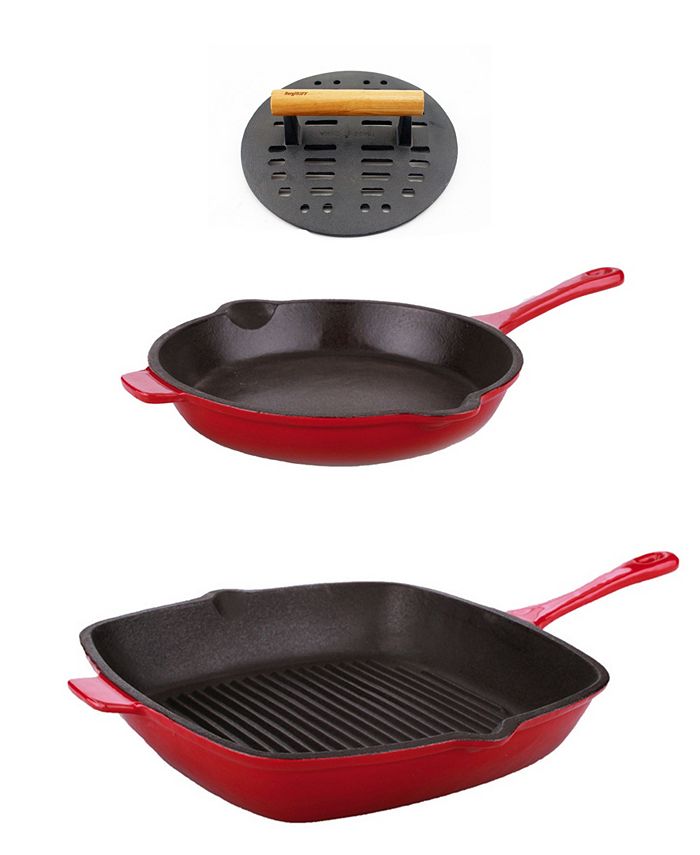 BergHOFF Neo Cast Iron Fry Pan, Grill Pan and Slotted Steak Press, Set of 3 Macy's