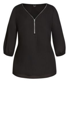 Plus Size Fashion Fling Elbow Sleeve Zip Neck Top