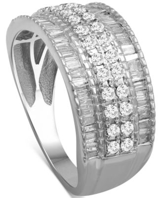 Diamond Round & Baguette Multirow Band (1 ct. t.w.) in 14k White or Yellow Gold
