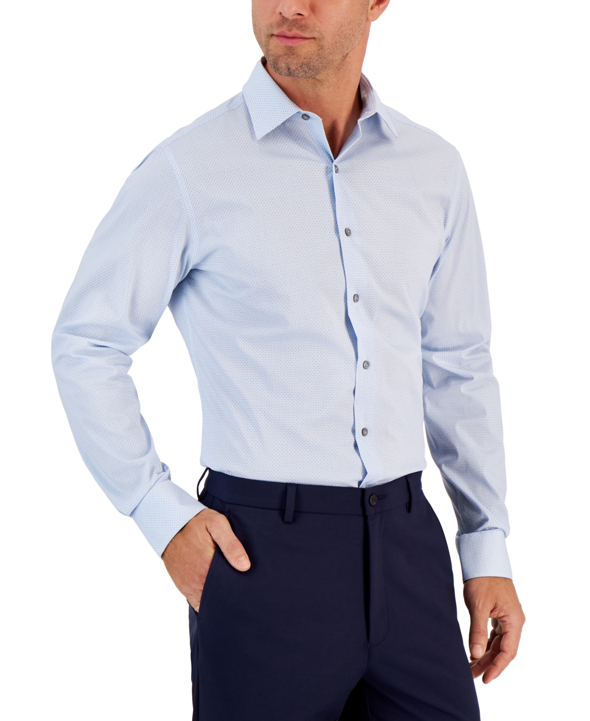 Alfani Men's Slim Fit 2-way Stretch Stain Resistant Geometric Print Dress Shirt, Created For Macy's In Lt Blue White