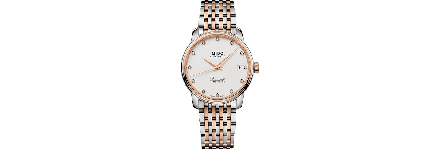 Женские часы Mido Swiss Automatic Baroncelli III Heritage Diamond (1/10 ct. t.w.) Two Tone Stainless Steel Bracelet Watch 33mm — фото 1