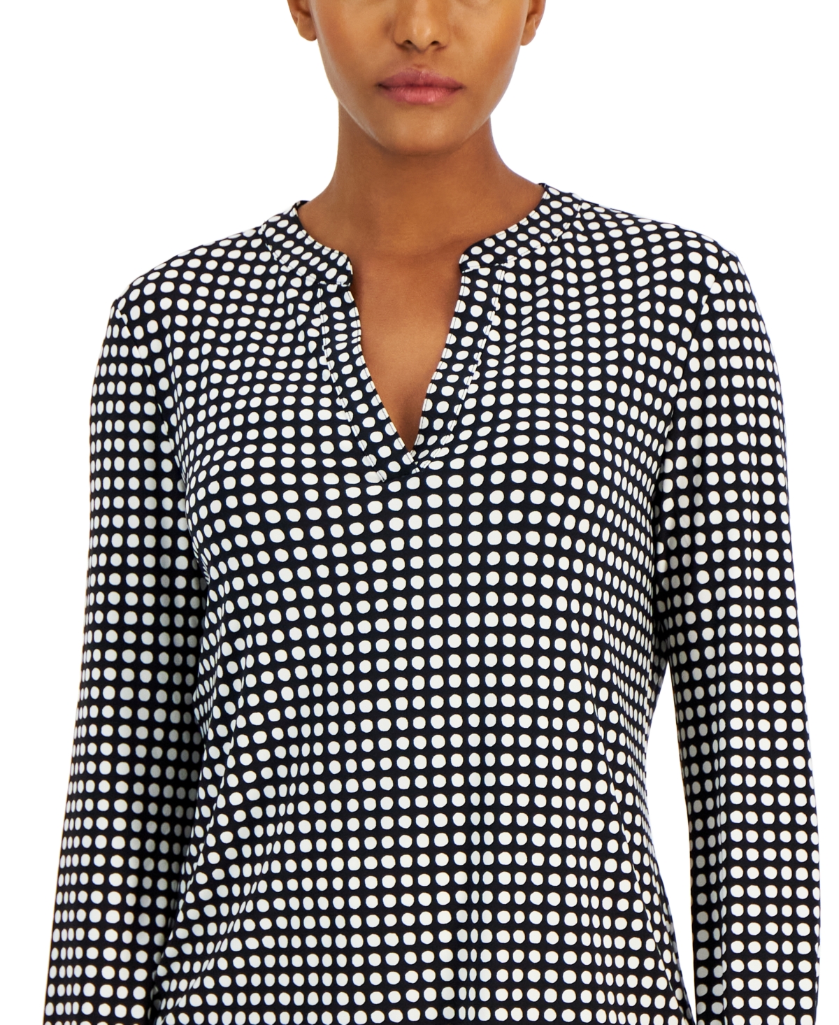 Anne Klein Petite Dot-Print Split-Neck Long-Sleeve Blouse
