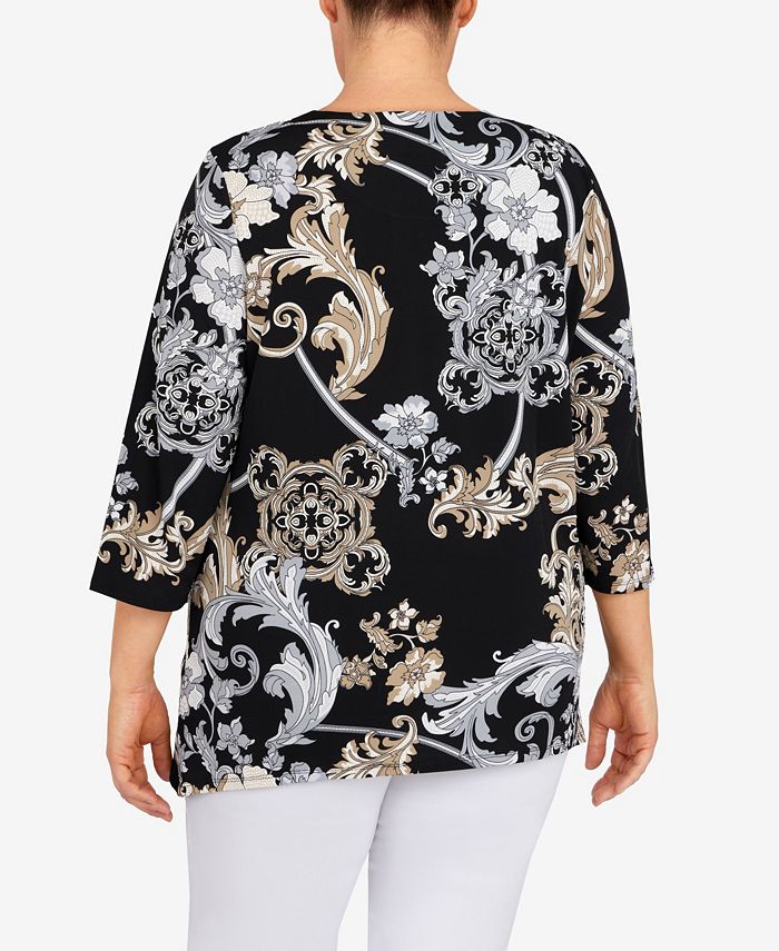 Top Floral Alfred Dunner Taille 22W Noir – Polyester Manches Courtes – Occasion Très Bon état
