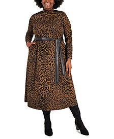 Plus Size Jacquard Leopard Mock-Neck Midi Dress