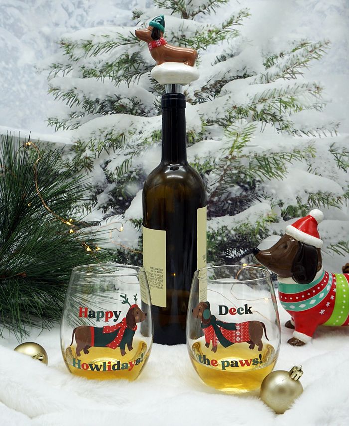 TMD Holdings Dachshund Stemless Wine Glass and Bottle Stopper Set, 3