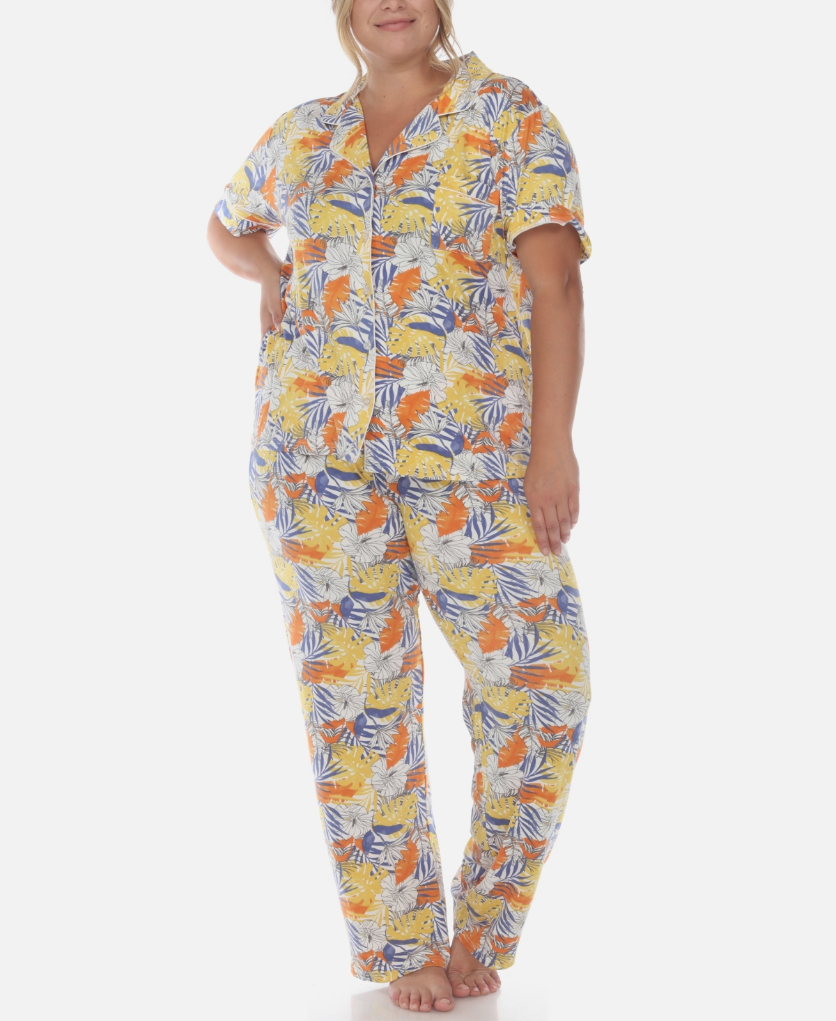 White Mark Plus Size 2 Piece Tropical Print Pajama Set In White Tropical