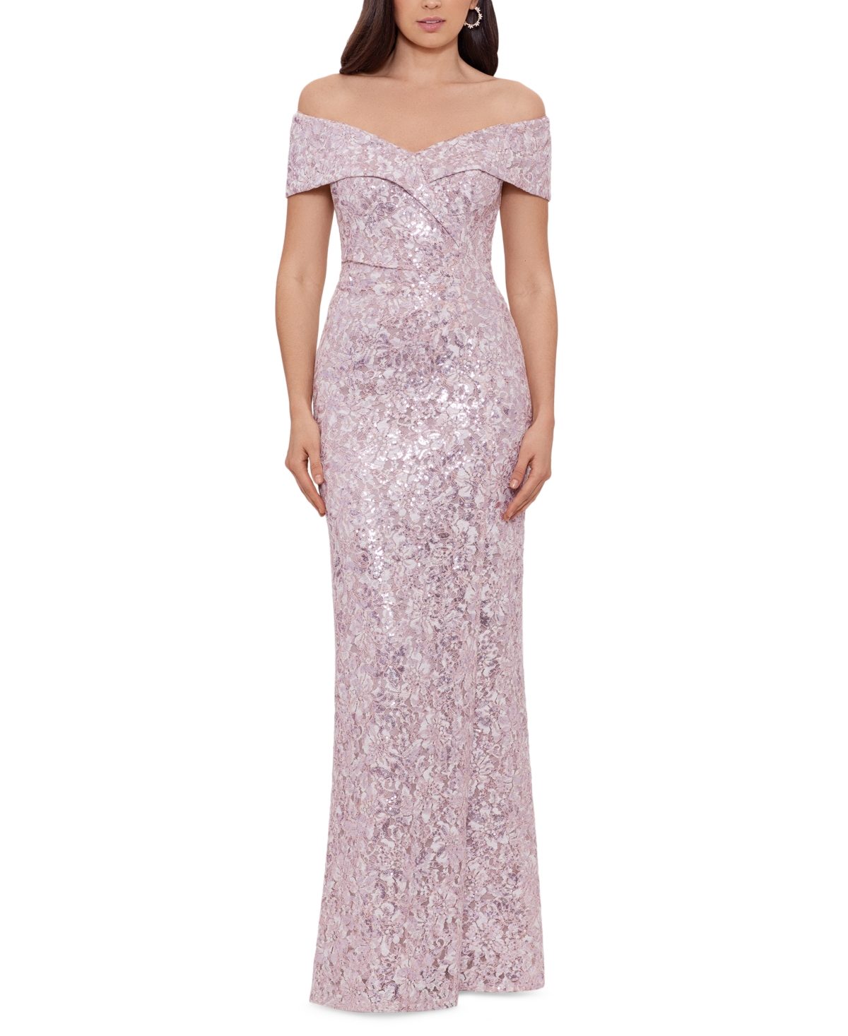 Xscape Off The Shoulder Embroidered Lace Gown In Blush