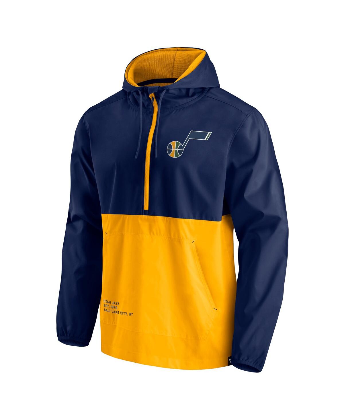 Fanatics Men's  Navy, Gold Utah Jazz Anorak Block Party Windbreaker Half-zip Hoodie Jacket In Navy,gold
