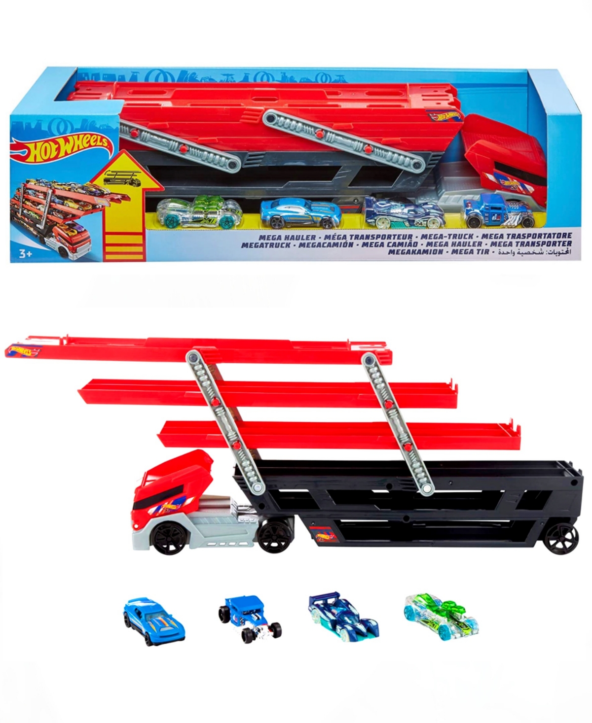 Mattel Babies' Hot Wheels Modern Big Rig Mega Race Car Hauler Plus 4 Cars Vehicles In Multi Colored Plastic