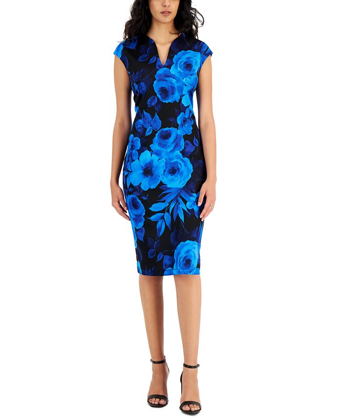 Connected Women's Floral-Print Cap-Sleeve V-Neck Dress - Macy's
