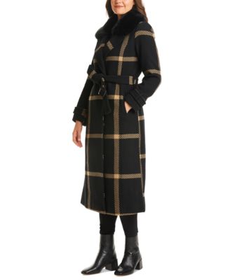 Faux-Fur-Collar Plaid Maxi Wrap Coat 