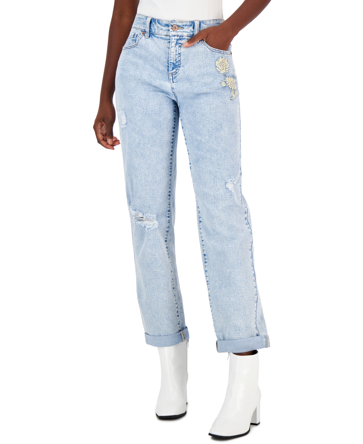  Inc International Concepts Women's Mid-Rise Embroidered Boyfriend Jeans, Created for Macy's