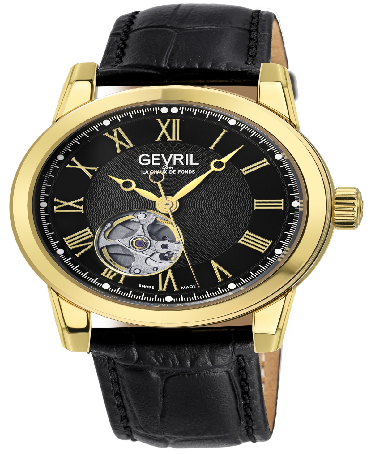 Gevril Men's Madison Swiss Automatic Black Genuine Leather Strap Watch 39mm