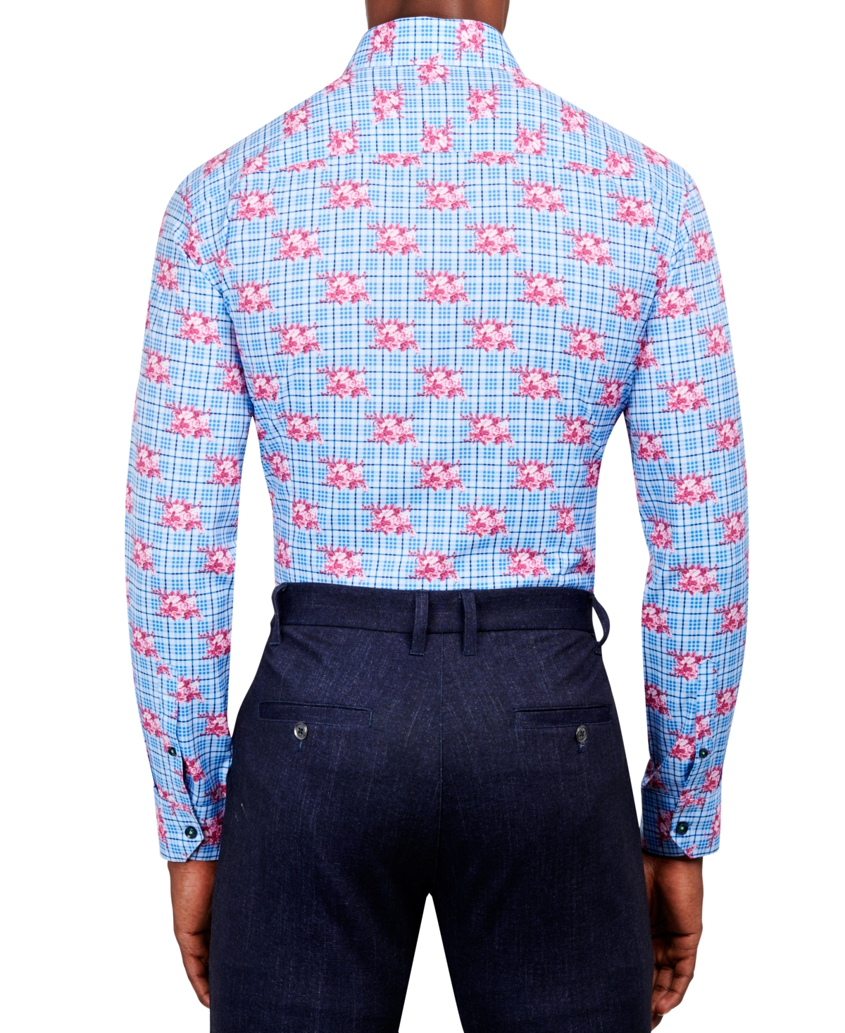 Men's Slim Fit Non-Iron Floral Check-Print Performance Stretch Dress Shirt
