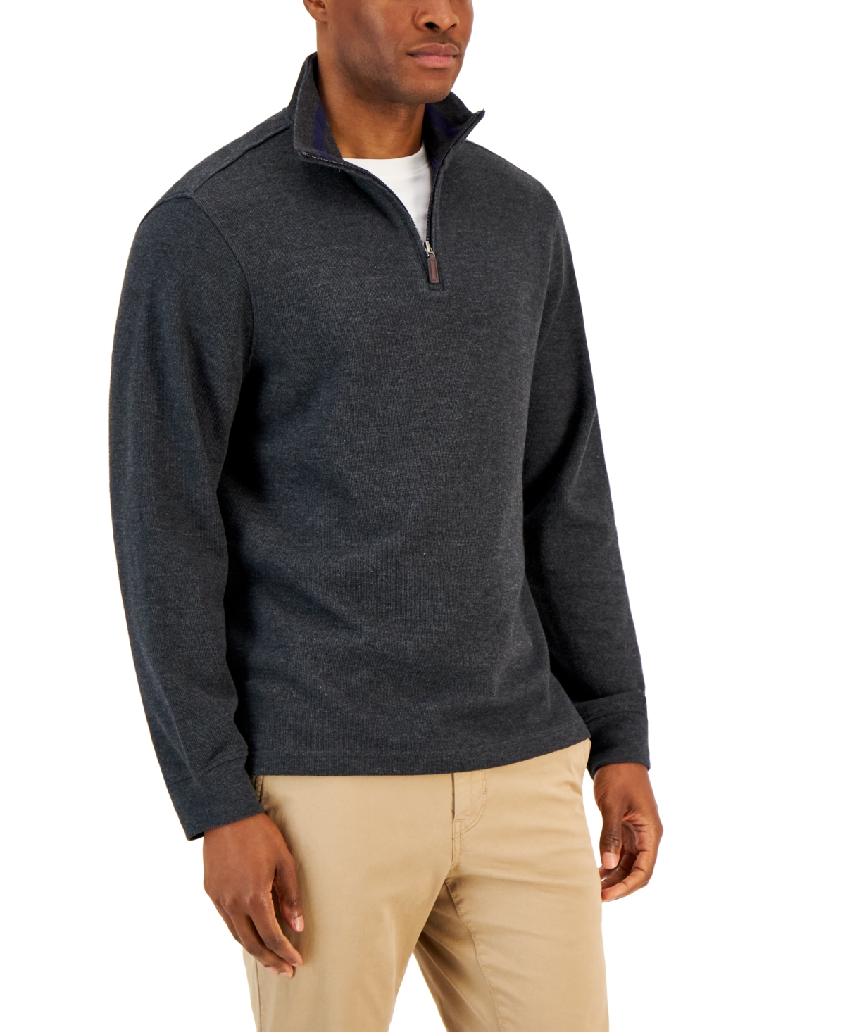 Men's Solid Classic-Fit French Rib Quarter-Zip Sweater, Created for Macy's - Dark Lead