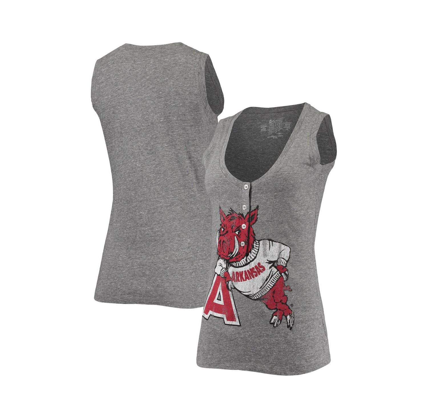 Women's Heathered Gray Arkansas Razorbacks Relaxed Henley Tri-Blend V-Neck Logo Tank Top