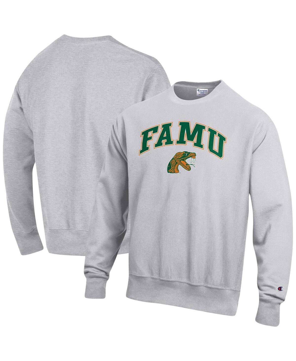 CHAMPION MEN'S CHAMPION HEATHERED GRAY FLORIDA A&M RATTLERS ARCH OVER LOGO REVERSE WEAVE PULLOVER SWEATSHIRT