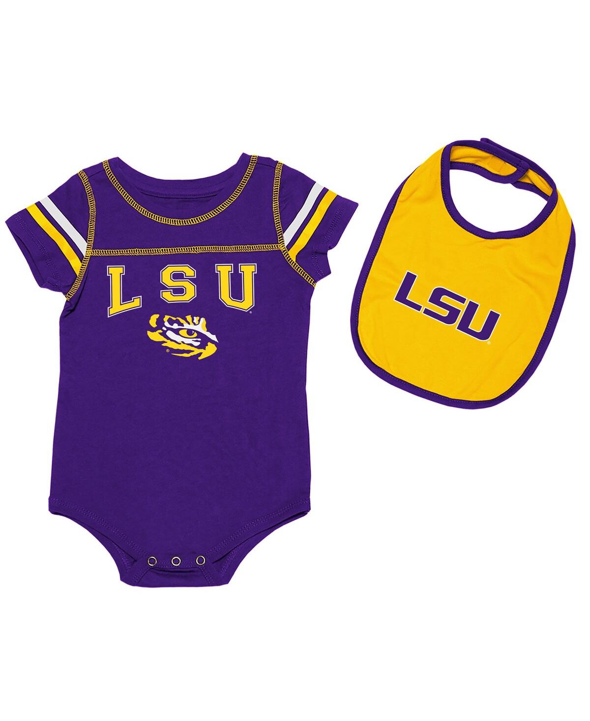 Colosseum Babies' Newborn And Infant Boys And Girls  Purple, Gold Lsu Tigers Chocolate Bodysuit And Bib Set In Purple,gold