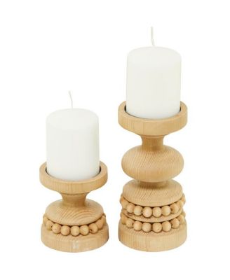 Wood Traditional 2 Piece Beaded Candle Holder Set