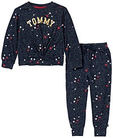 Little Girls Marled Star Print Twist-Front Sweatshirt and Joggers, 2 Piece Set