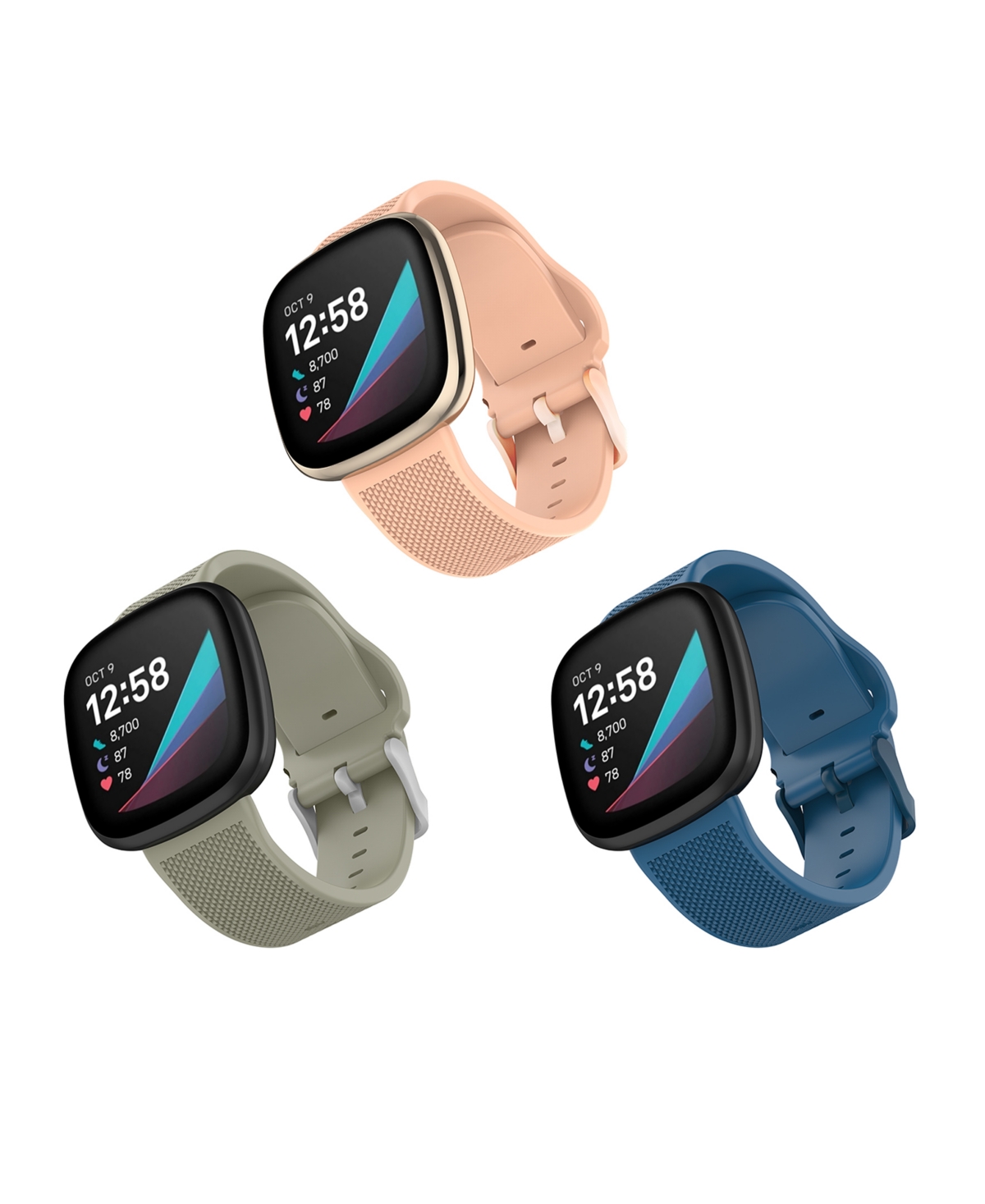 Gray, Light Pink and Navy Woven Silicone Band Set, 3 Piece Compatible with the Fitbit Versa 3 and Fitbit Sense - Blue, Light Pink, Gray