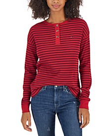 Women's Long-Sleeve Striped Boxy Henley Top