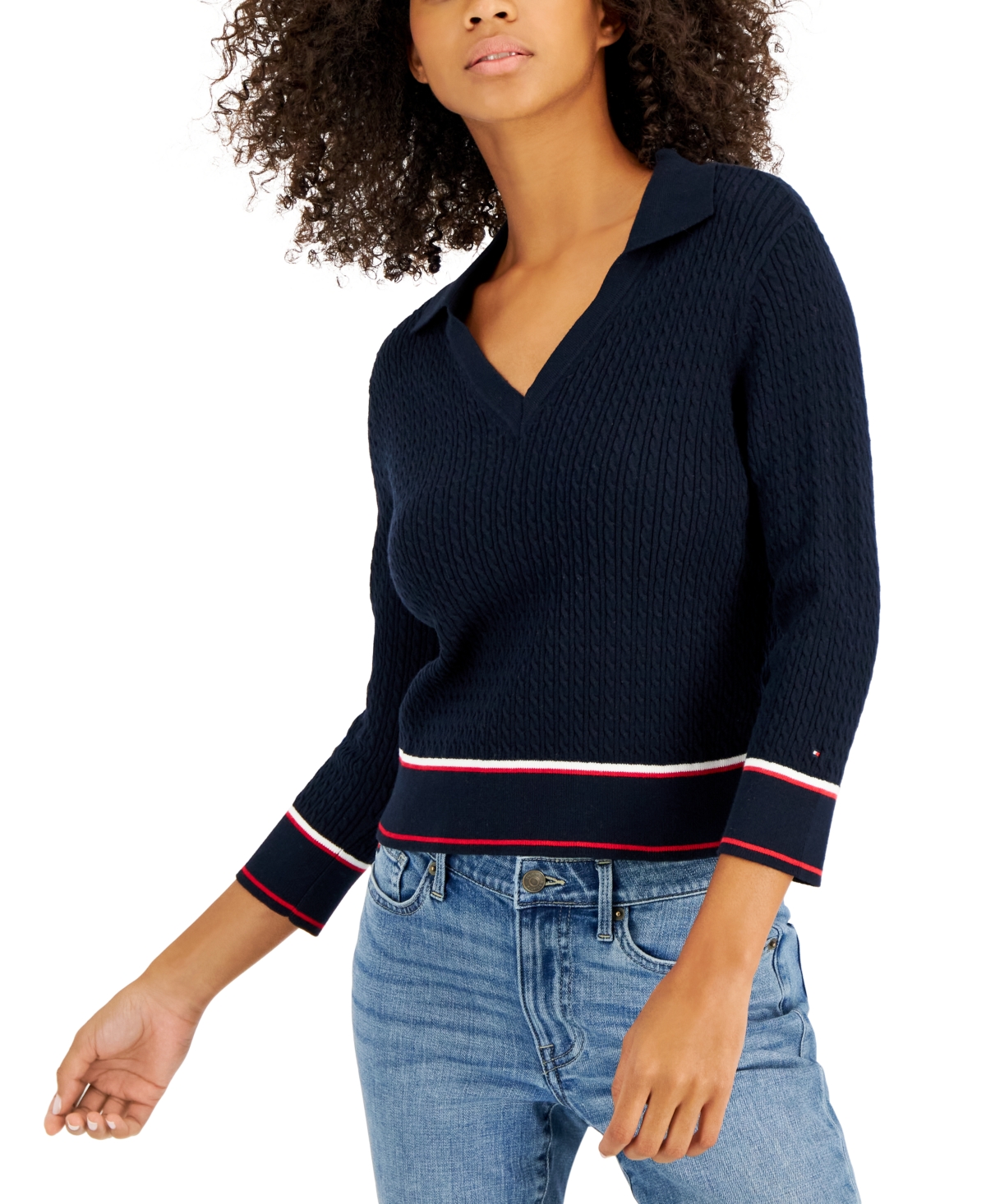 Tommy Hilfiger Women's Cotton Johnny-Collar Cable-Knit Sweater