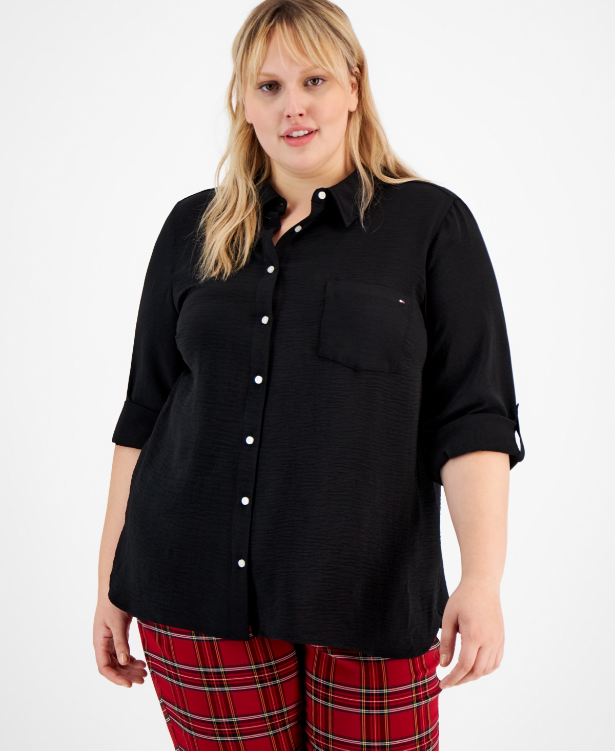 Tommy Hilfiger Plus Size Roll-tab-sleeve Button-down Emblem Shirt In Black