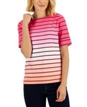 KAREN SCOTT SPORT Red/White Striped Polo Shirt w/ Collar Ladies Sz M 3/4  sleeve
