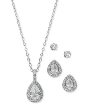 Giani Bernini - 3-Pc. Set Cubic Zirconia Teardrop Halo Pendant Necklace, Matching Stud Earrings, & Solitaire Stud Earrings in Sterling Silver