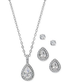 3-Pc. Set Cubic Zirconia Teardrop Halo Pendant Necklace, Matching Stud Earrings, & Solitaire Stud Earrings in Sterling Silver, Created for Macy's