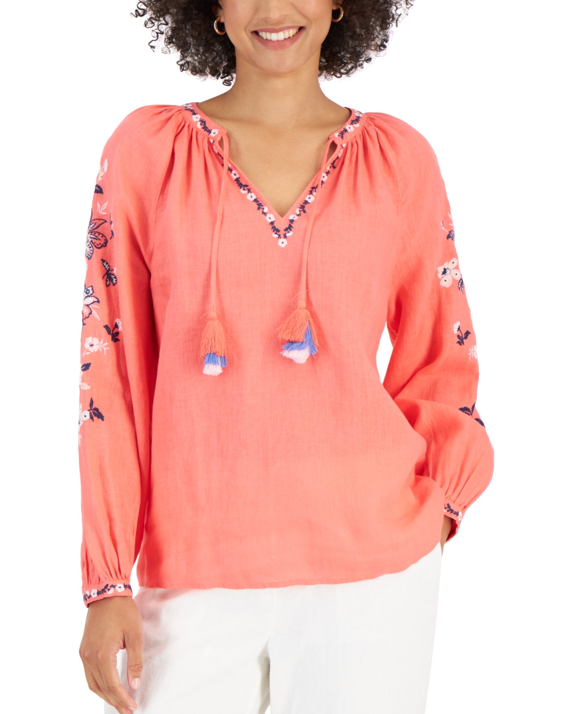 Charter Club Women's Linen Embroidered Peasant Top, Created for Macy's