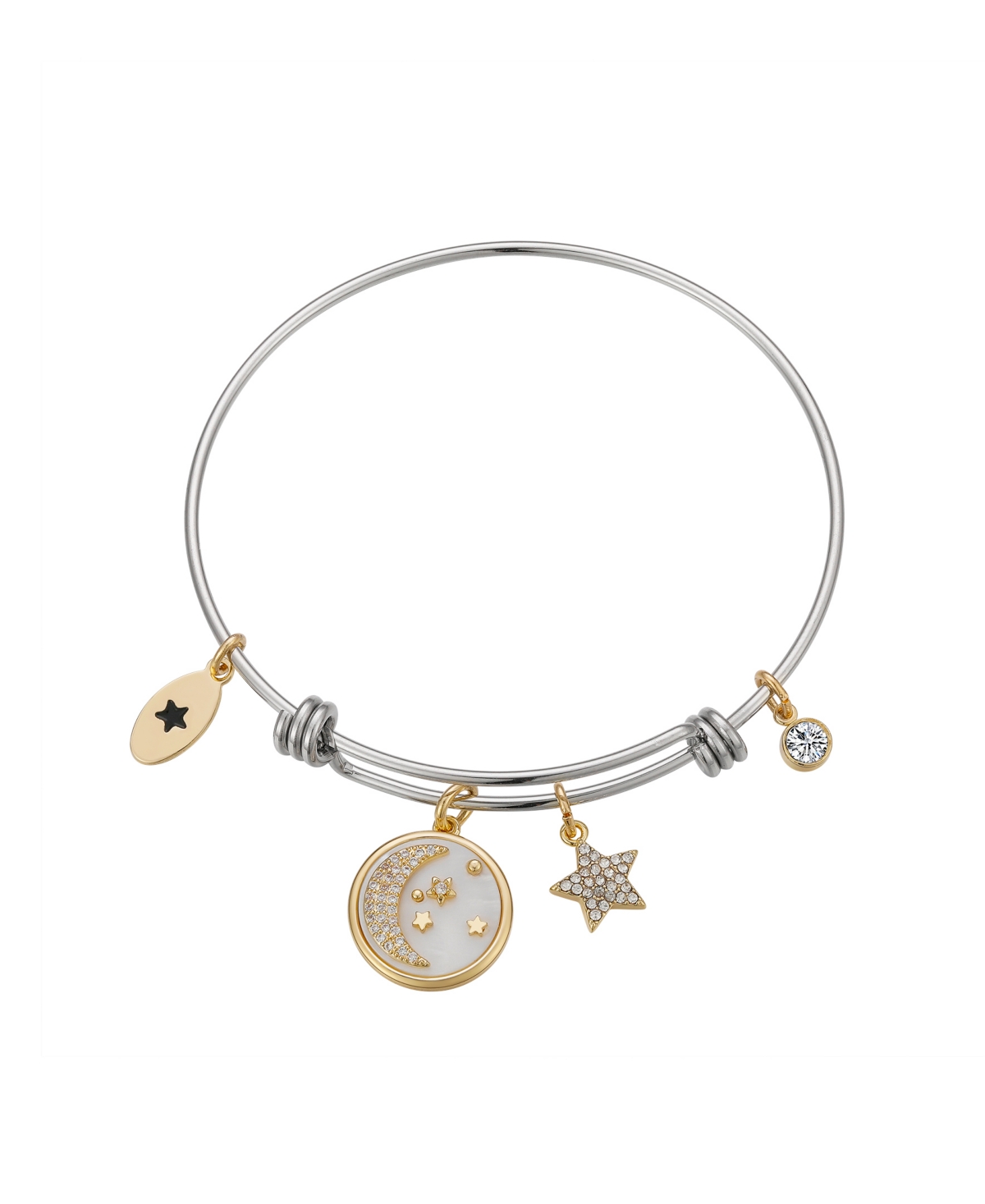 Moon and Crystal Star Charm Bangle - Gold-Plated, Two-tone