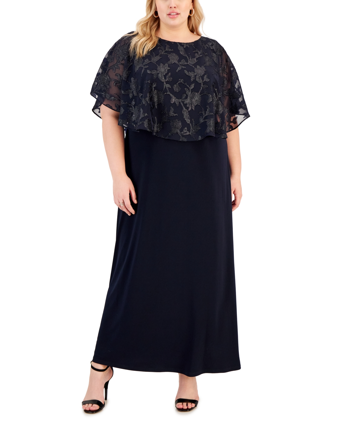 Connected Plus Size Jersey Cape Overlay Gown