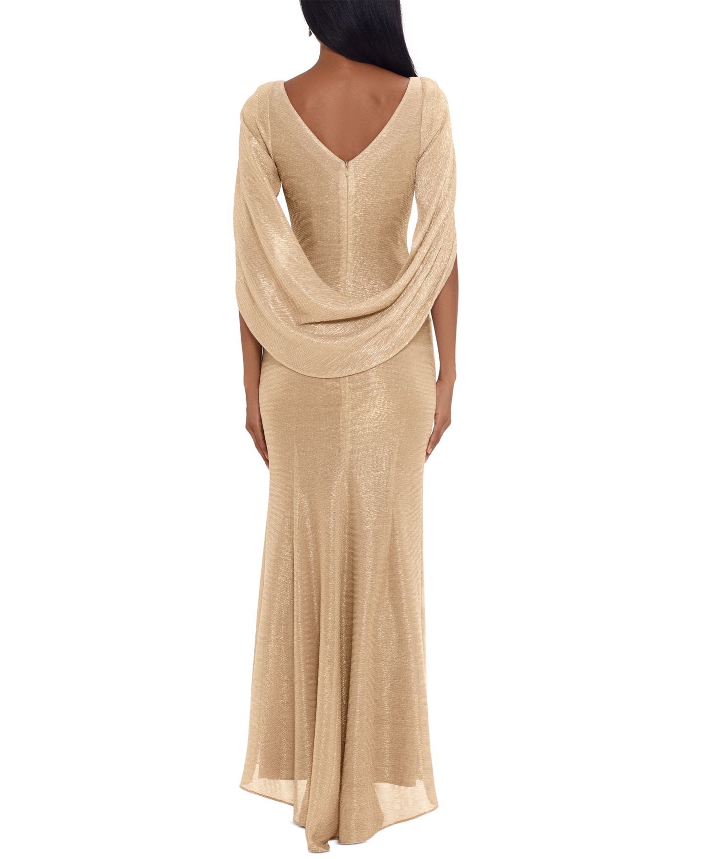 Женское платье Betsy & Adam Metallic Cape Gown, цвет: Золотой / Серебряный — фото 2