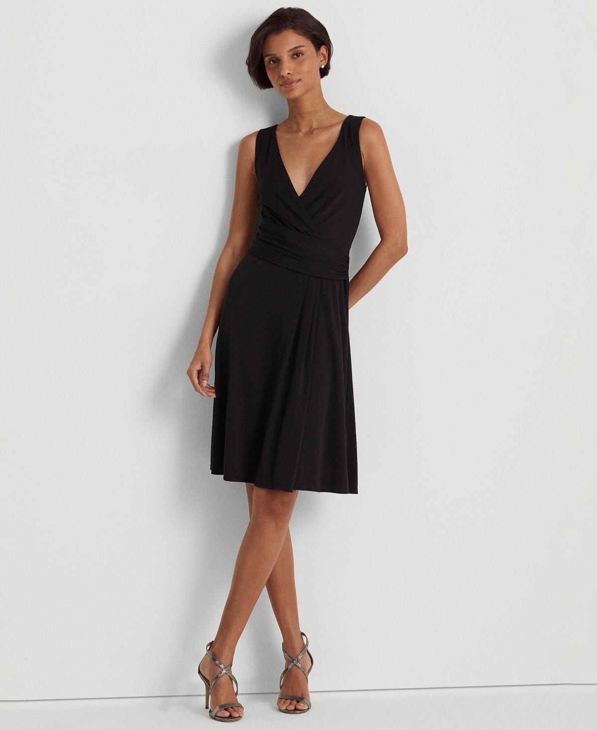 Lauren Ralph Lauren Women's Sleeveless Front-pleated Surplice Jersey Dress In Black