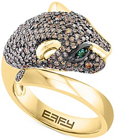EFFY® Espresso Diamond (1-1/3 ct. t.w.) & Emerald Accent Panther Ring in 14k Gold