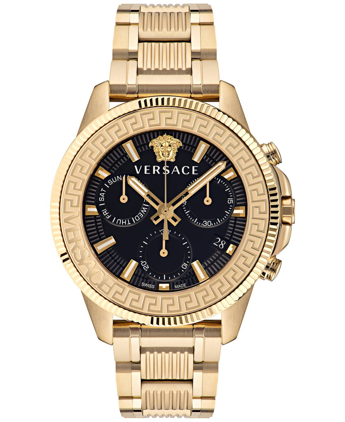 VERSACE MEN'S SWISS CHRONOGRAPH GRECA ACTION GOLD ION PLATED STAINLESS STEEL BRACELET WATCH 45MM