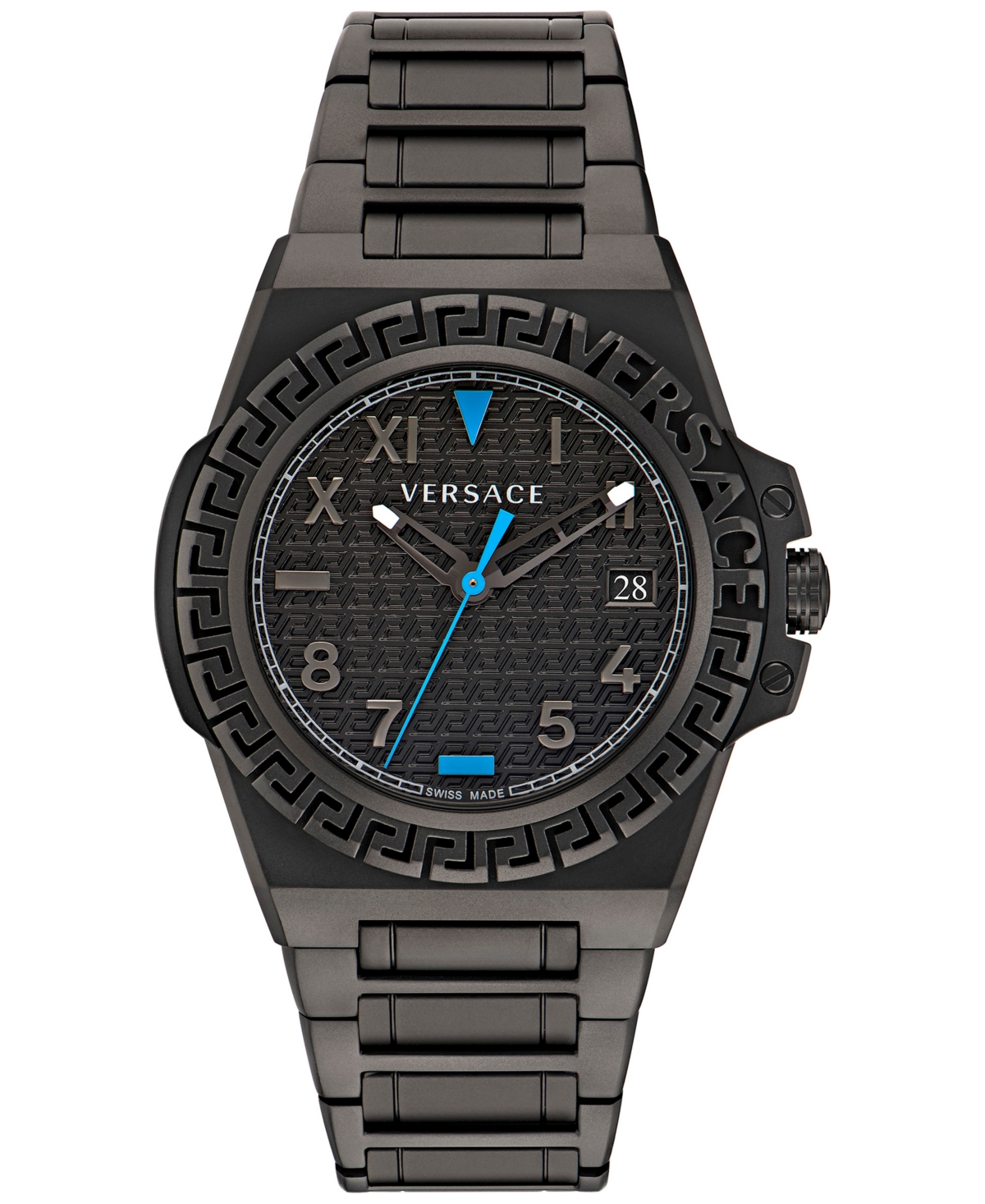 Versace Men's Swiss Greca Reaction Black-tone Stainless Steel Bracelet Watch 44mm In Ip Black