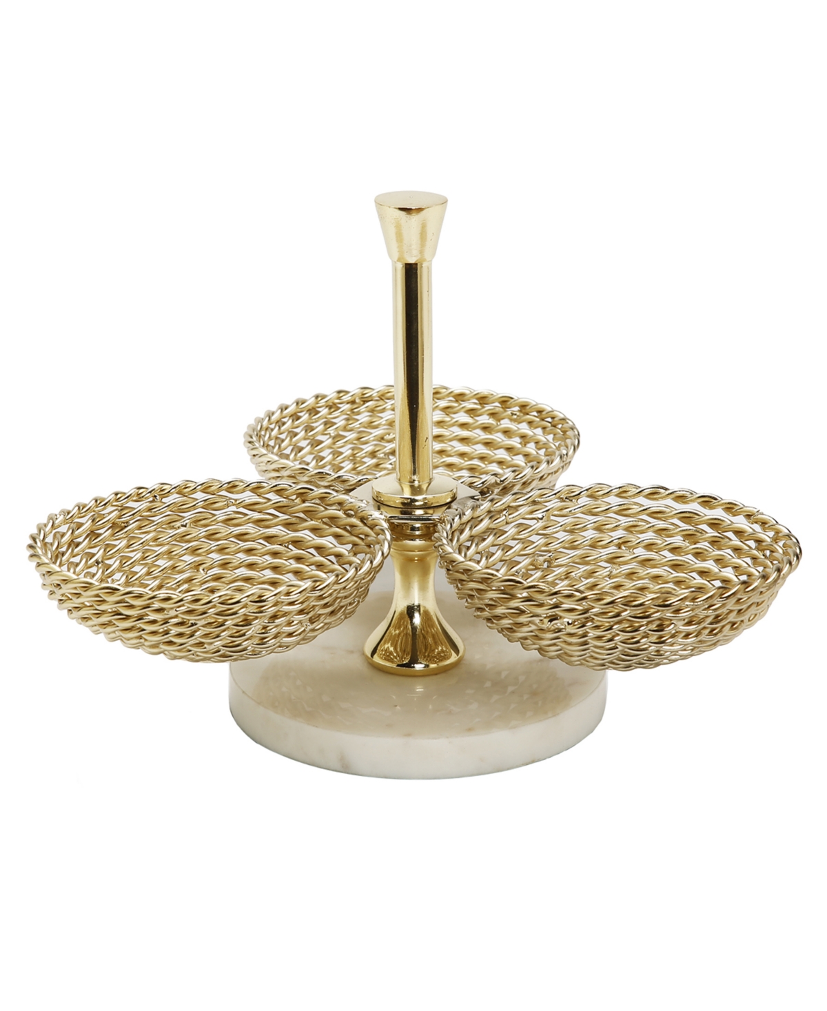 Triple Bowl Relish Dish Rope Design and Marble Base - Gold-Tone