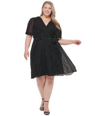 DKNY - Plus Size Dot-Print Puff-Sleeve Tie-Waist V-Neck Dress