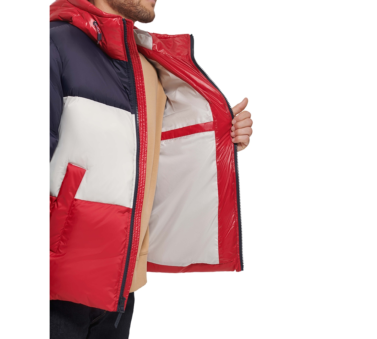Tommy Hilfiger Men's Colorblock Performance Hooded Puffer Jacket -Ice/Red Combo
