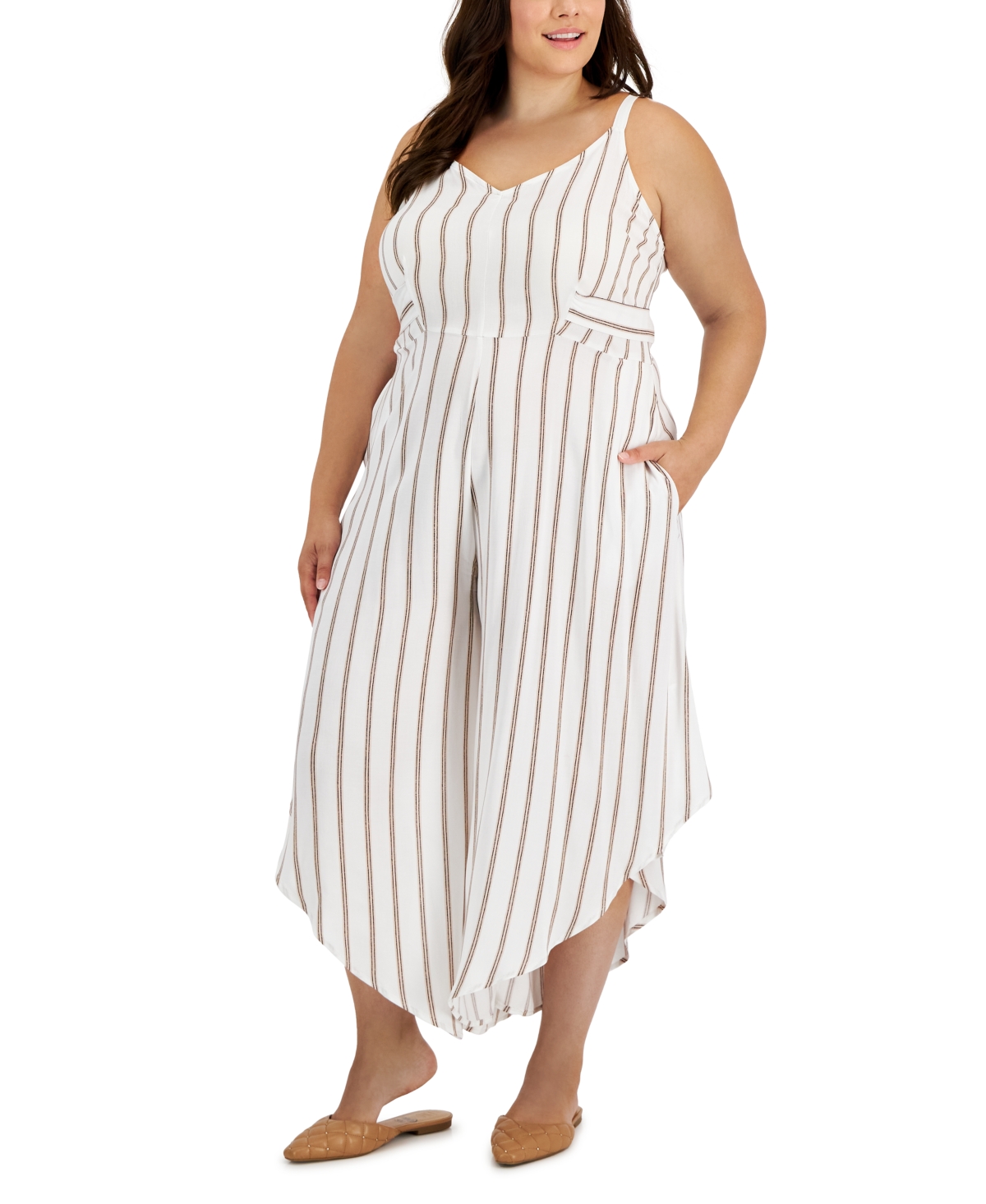 Vince Camuto Plus Size Striped V-Neck Tie-Waist Jumpsuit