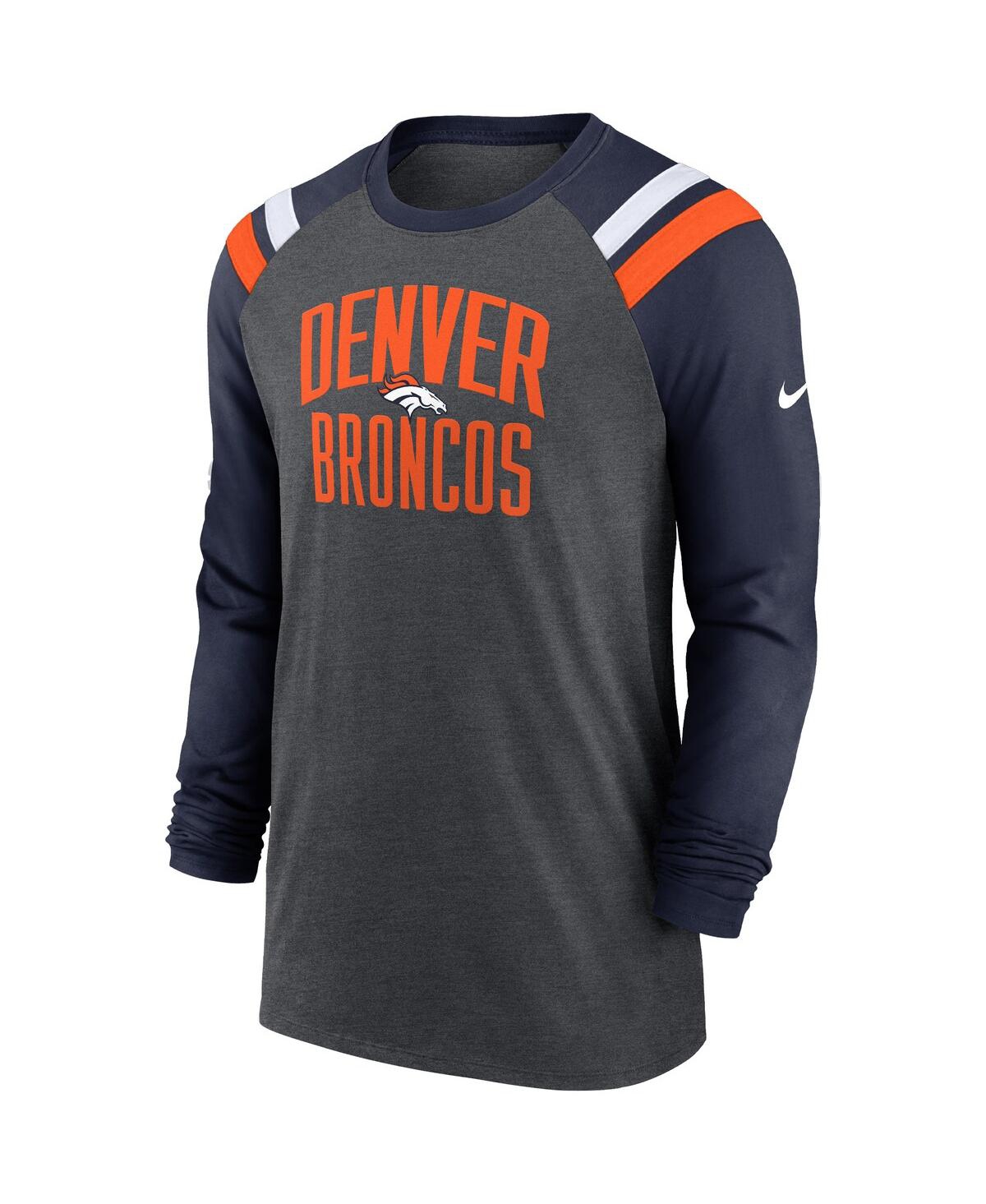 Men's Nikeand Navy Denver Broncos Tri-Blend Raglan Athletic Long Sleeve Fashion T-shirt - Heathered Charcoal, Navy