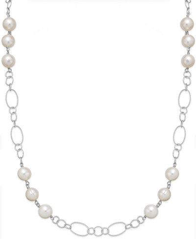 Honora Style Cultured Freshwater Pearl Station Chain Necklace in Sterling Silver (10mm)