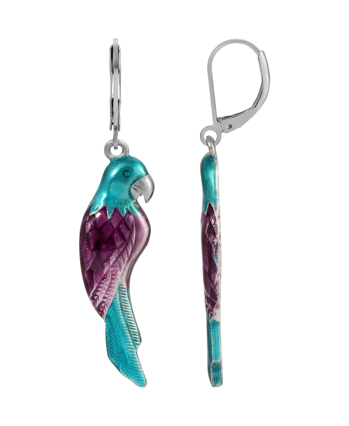 2028 Silver-tone Purple, Blue Hand Enamel Parrot Earrings