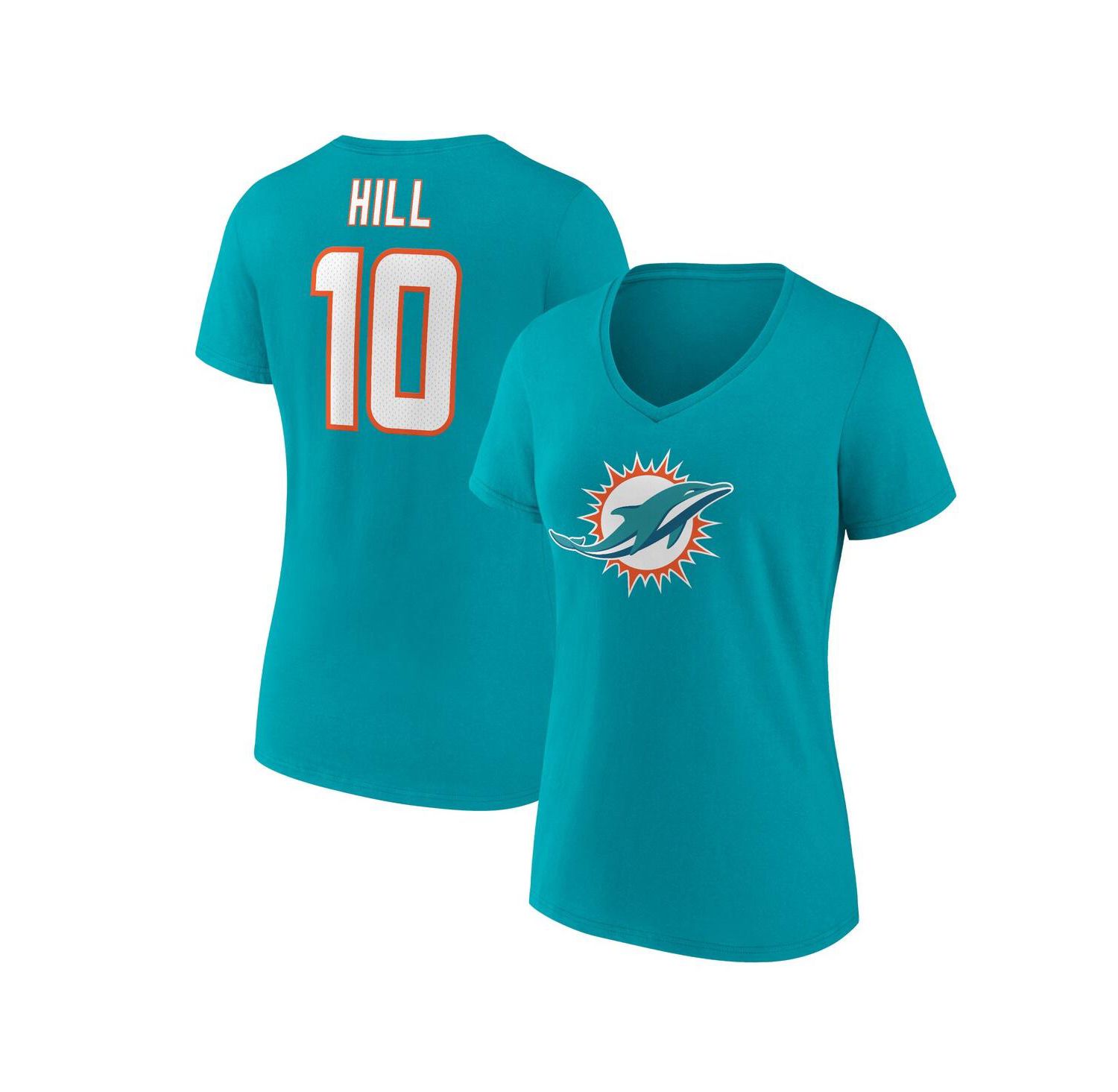 Women's Tyreek Hill Aqua Miami Dolphins Player Icon Name and Number V-Neck T-shirt